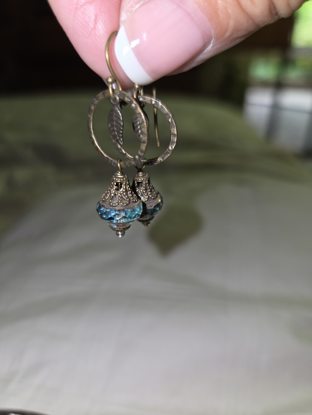Anne VAUGHN Bronze-Tone Hoop Earrings with LEAF & Blue CZECH CRYSTAL Drops